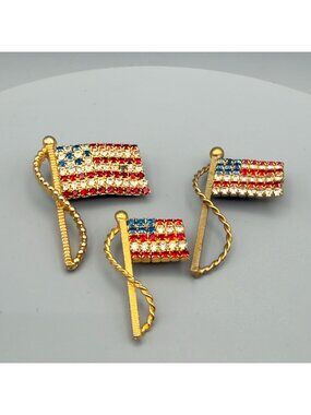 Patriotic Brooch Pins Lot Gold Tone American Flag Rhinestone